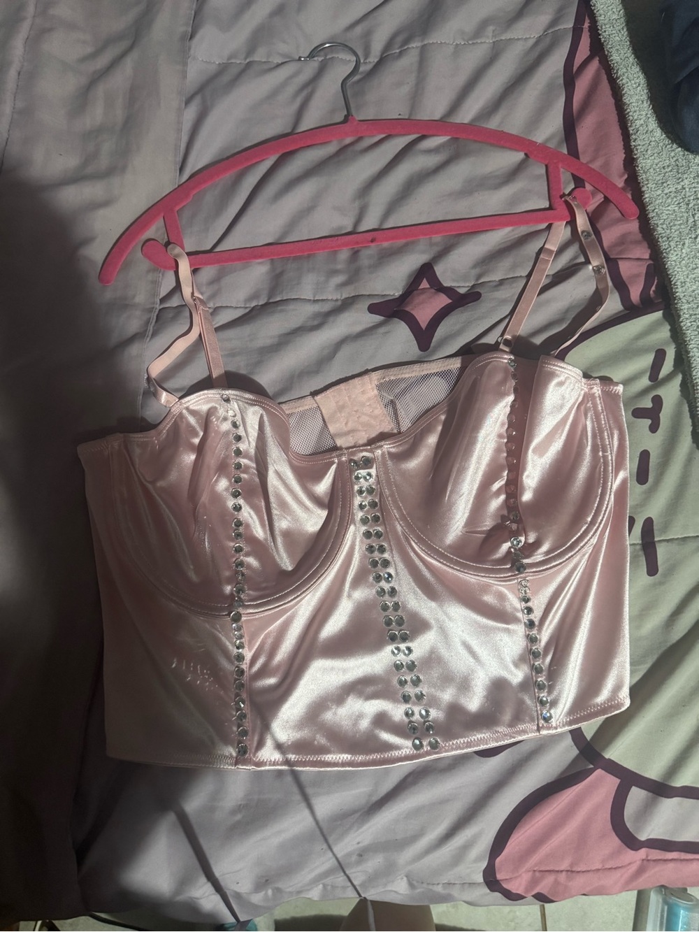 Sugar Thrillz Blush Pink Satin Rhinestone Bustier Crop Top